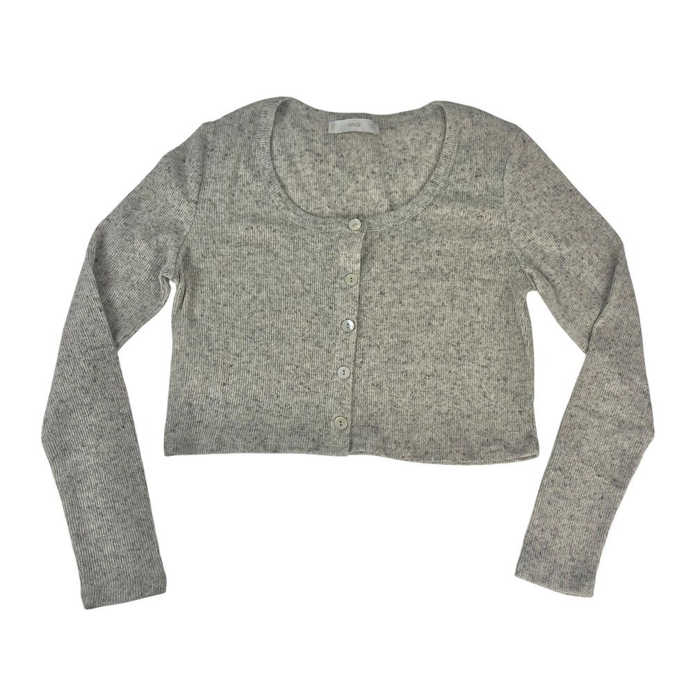 MNG Mango Cropped‎ Cardigan Sweater Size Large Grey Polyester Linen Long Sleeve